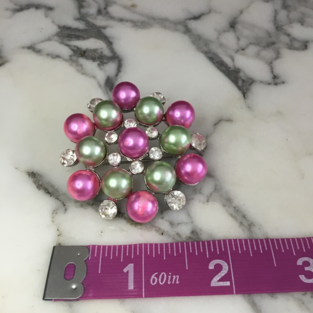 New Pink and Green Pearl Bead Pin with Rhinestones